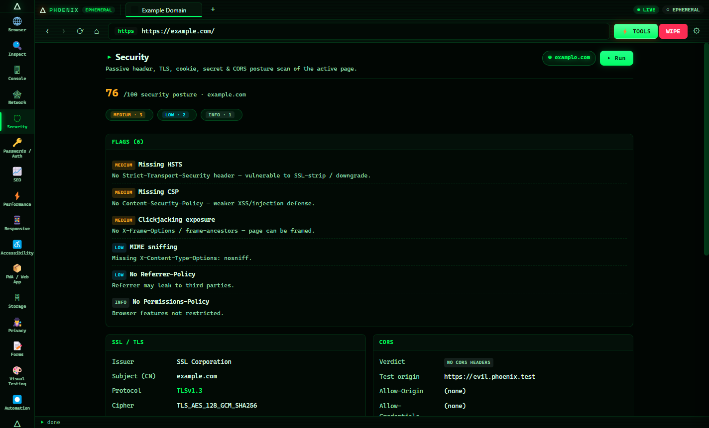 Phoenix Browser running a live security audit of a website