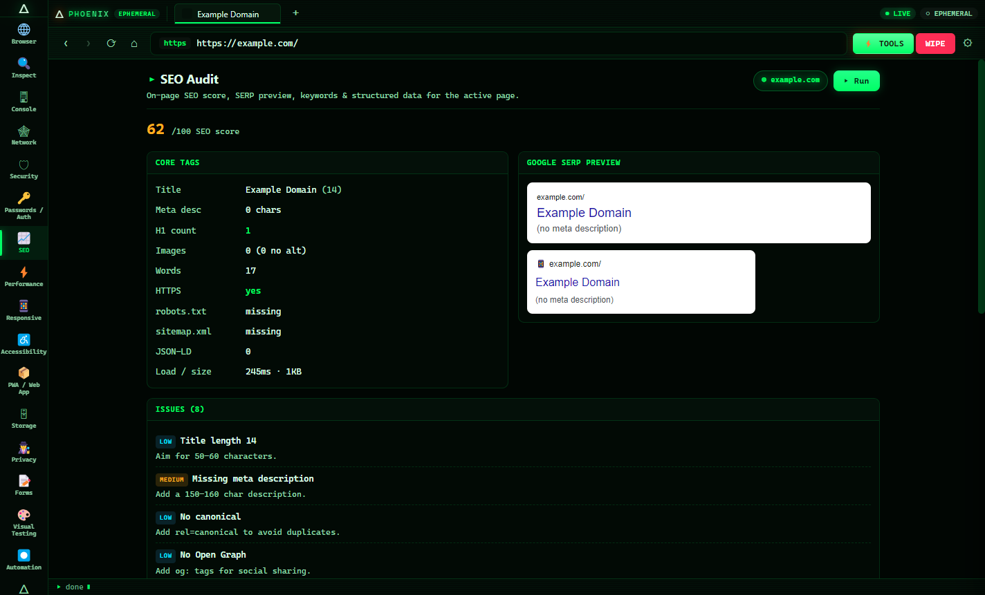 Phoenix Browser SEO audit with Google SERP preview